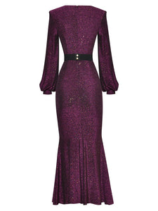 Louisa Sequins Belt Diamond Fold Lantern Sleeve Dress
