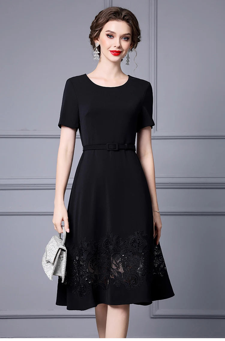 Jayda O-Neck Short sleeves Sashes Hollow Out Embroidery High Street Dress