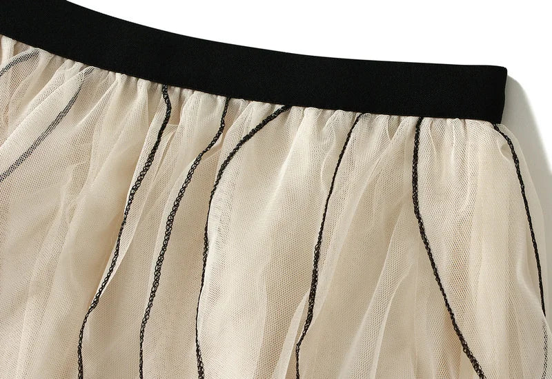 Wave Ruffles Design High Waist Pleated Fairy Mesh Skirt