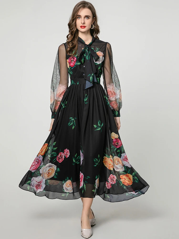 Noah Lace-up Collar Lantern Sleeve Floral Print Elegant party Dress