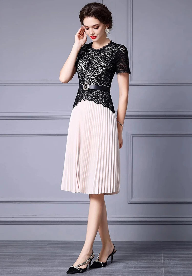 Blaze Short-Sleeved Lace Splicing Lace-Up Hollow Out Slim Pleated Dress