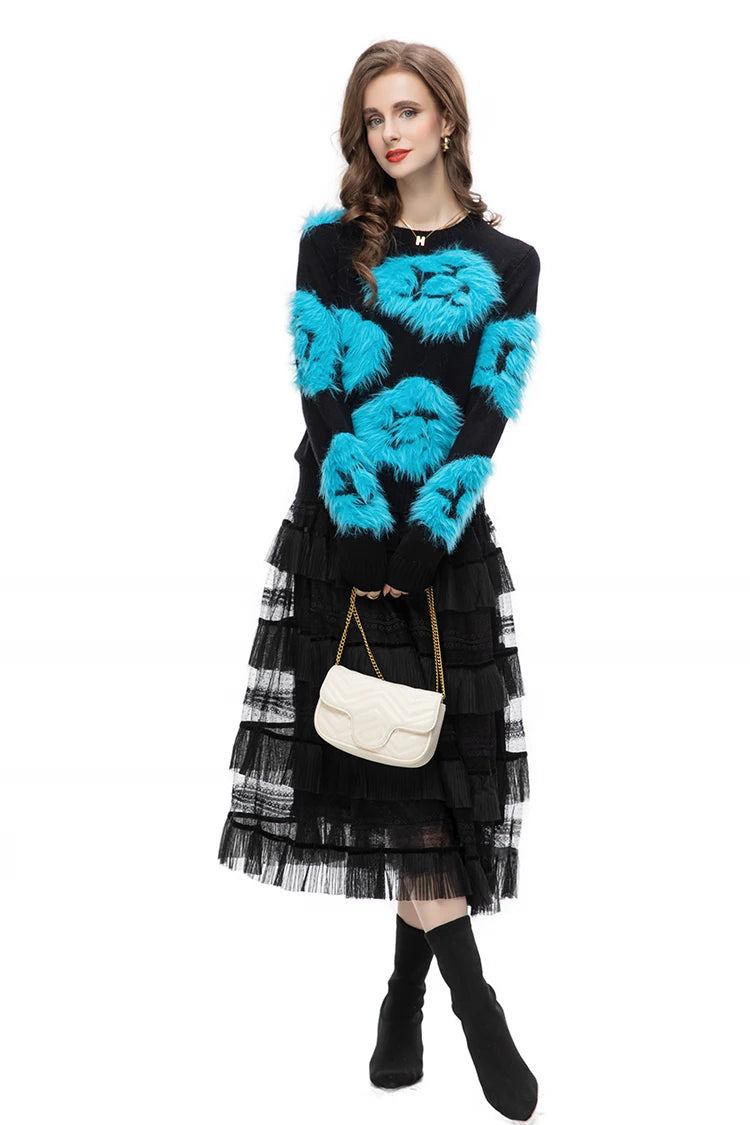 Luella Skirt Set Women Elastic Knitting Sweater+Tassels Spliced Skirt 2 Pieces Set