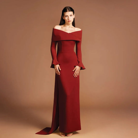 Glenda Off-Shoulder Wine Red Evening Dress with Flounce Long Sleeve