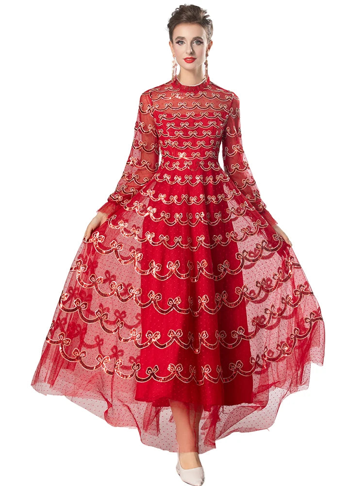 Tilda Long Dress Women's O-Neck Lantern Sleeve Sequins Embroidery Vintage Dress Red / L Tilda Long Dress Women's O-Neck Lantern Sleeve Sequins Embroidery Vintage Dress Red / L