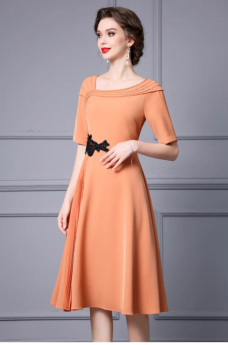 Ensley Asymmetrical Collar Short Sleeve Beading Elegant Party Solid Color Dress