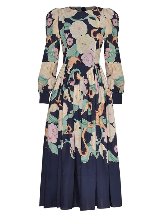 Eliza O-Neck Lantern Sleeve Flower Print Vintage Party Long Dress