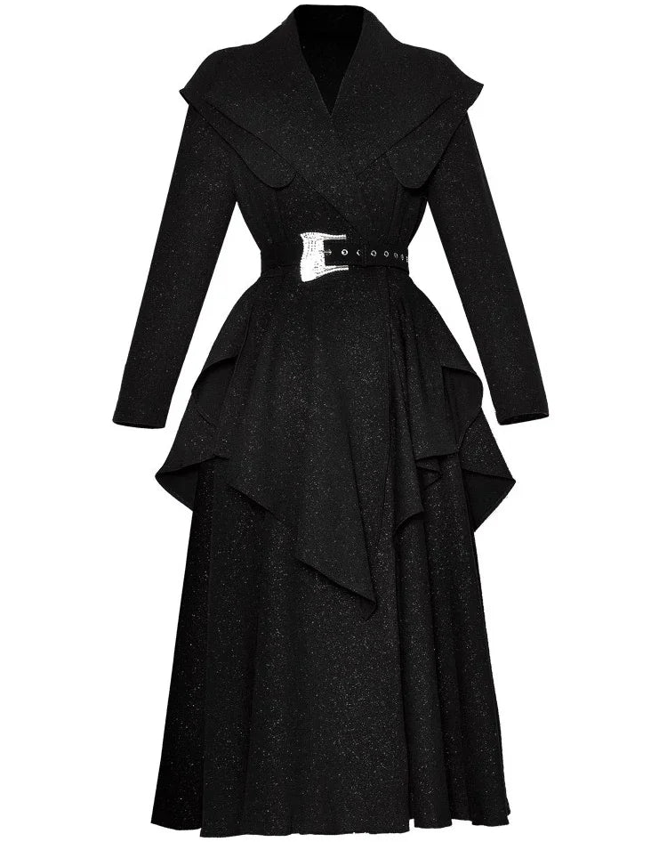 Elora Turn-Down Collar Long-Sleeved Flounced Edge Splicing Dress