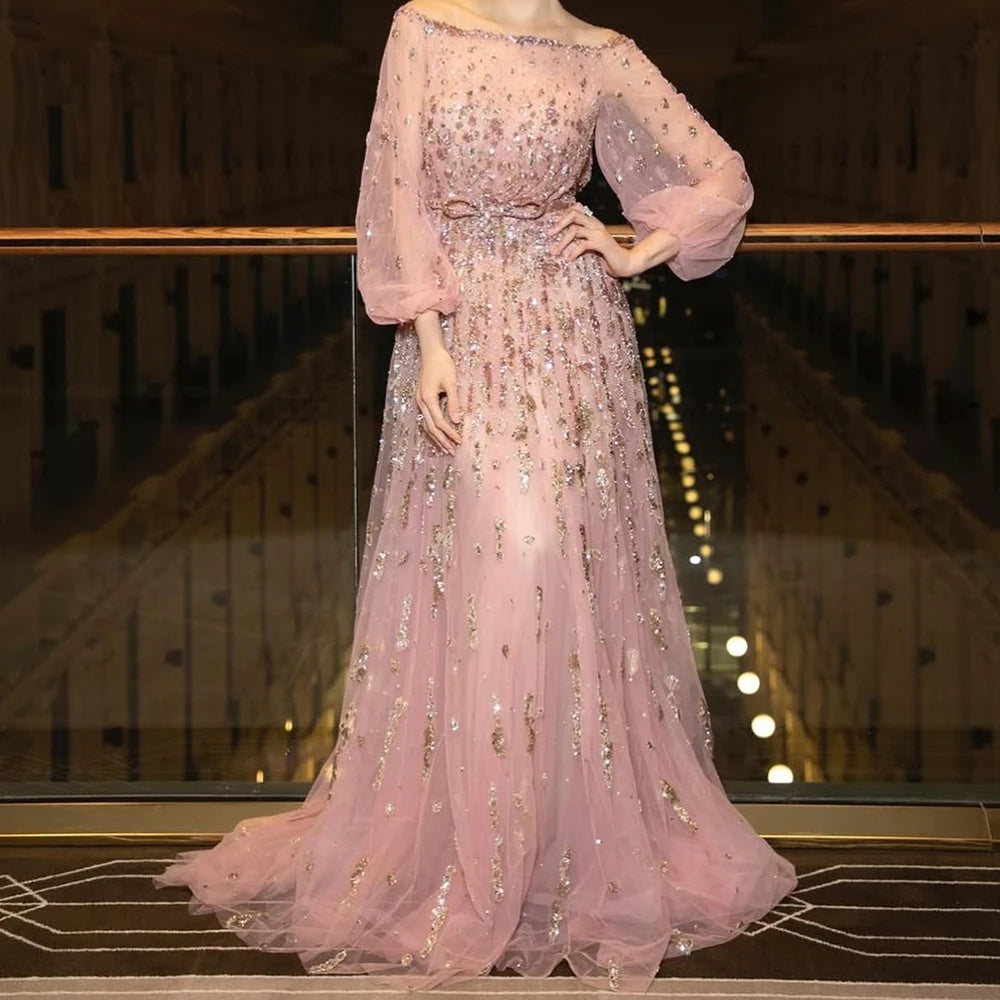 Mikey Blush Tulle Off-the-Shoulder Evening Dress Puff Sleeve Gown