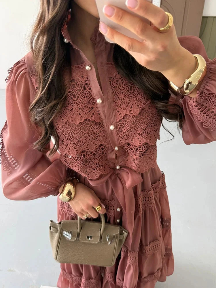 Elizabeth Hollow Out Long Lantern Sleeves Lace Up Pearl Single Breasted Dress