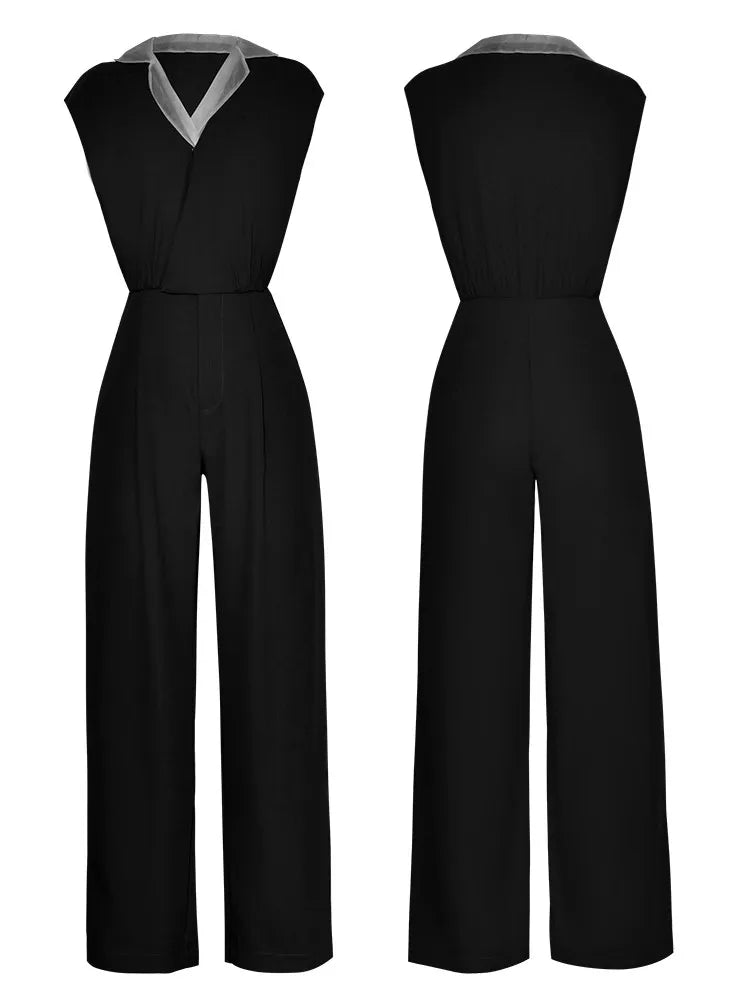 Sophie Turn-down Collar Sleeveless Pockets Office Lady Wide Leg Jumpsuit