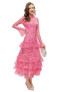 Ivy Pink Vintage  Long Sleeve Cascading Ruffle Hollow Out Midi Dress