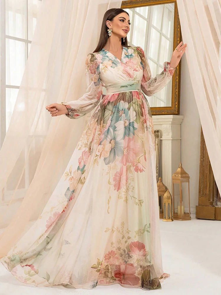 Tilie Cross Fashion Casual V-Neck Lantern Sleeve Flower Print Long Maxi Dress