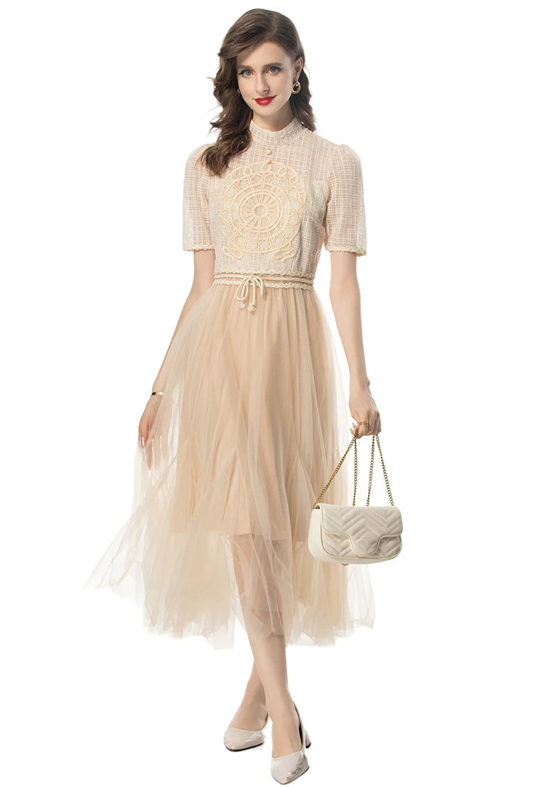 Lena Short-Sleeved High Waiste Lace-Up Vintage Elegant Party Dress