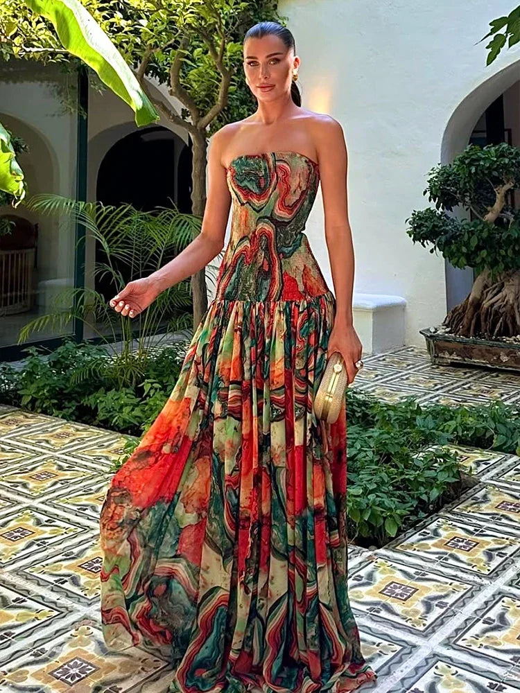 Angel Floral Print Tube Long Dress Women's Fashion Slim Sleeveless Backless Pleated A-line Dresses 2025 Evening Party Gowns