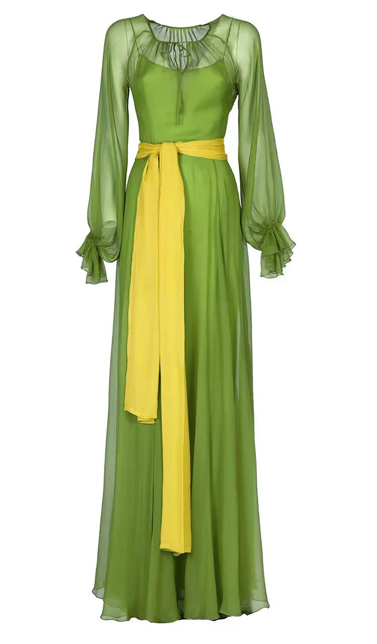 Rosie Lantern Sleeve Hit Color Frenulum Gathered Waist Slim Long Dress