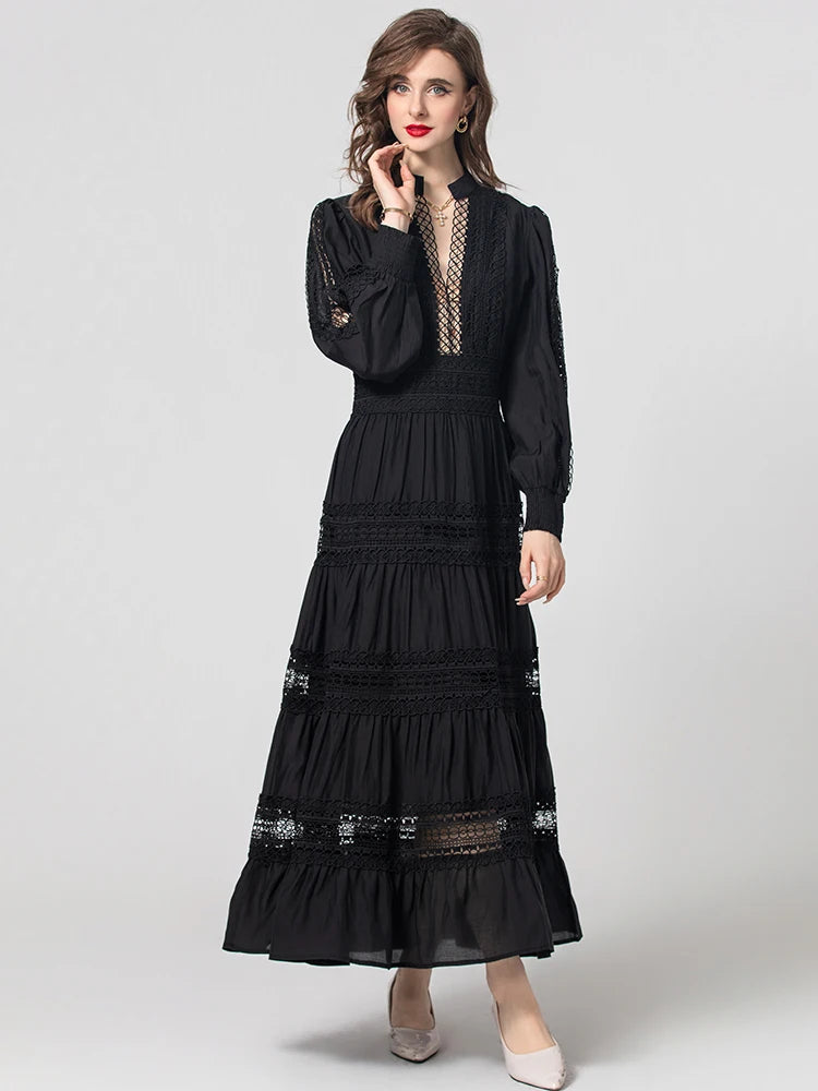 Yara  V-Neck Lantern Sleeve Hollow Out Black Vintage Dress