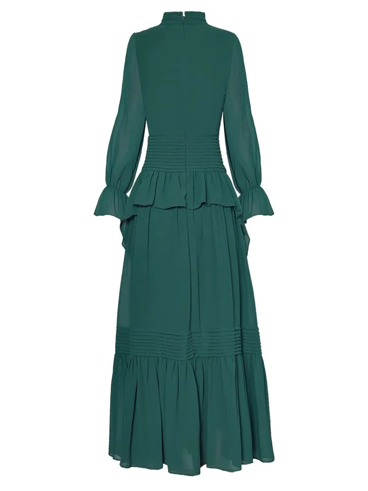 Jaya Bow Stand Collar Flare Sleeve Folds Ruffles Vintage Dress