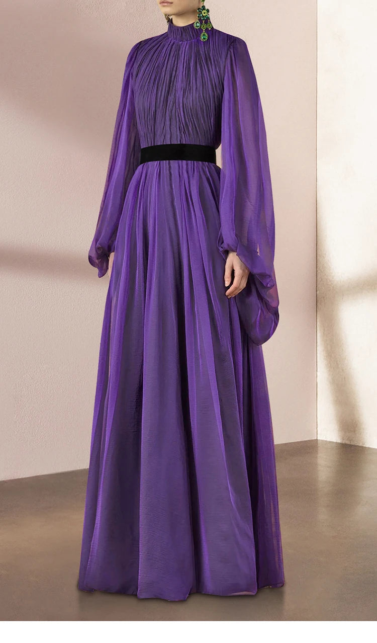 Asher Purple  Elastic Waist Slim Pleated Long Dress