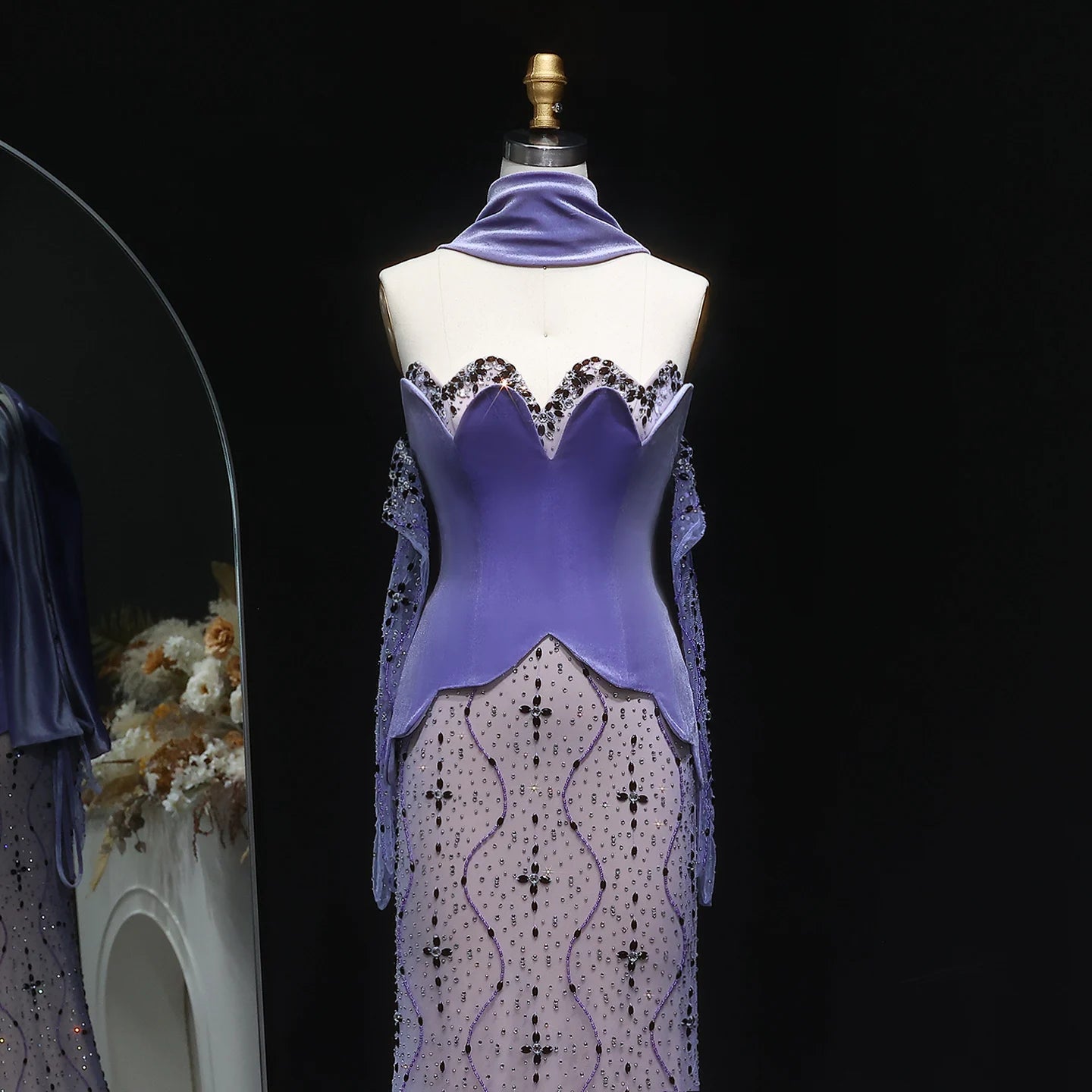 Hazel Two Pieces Purple Velvet Mermaid Evening Dress with Gloves Scarf