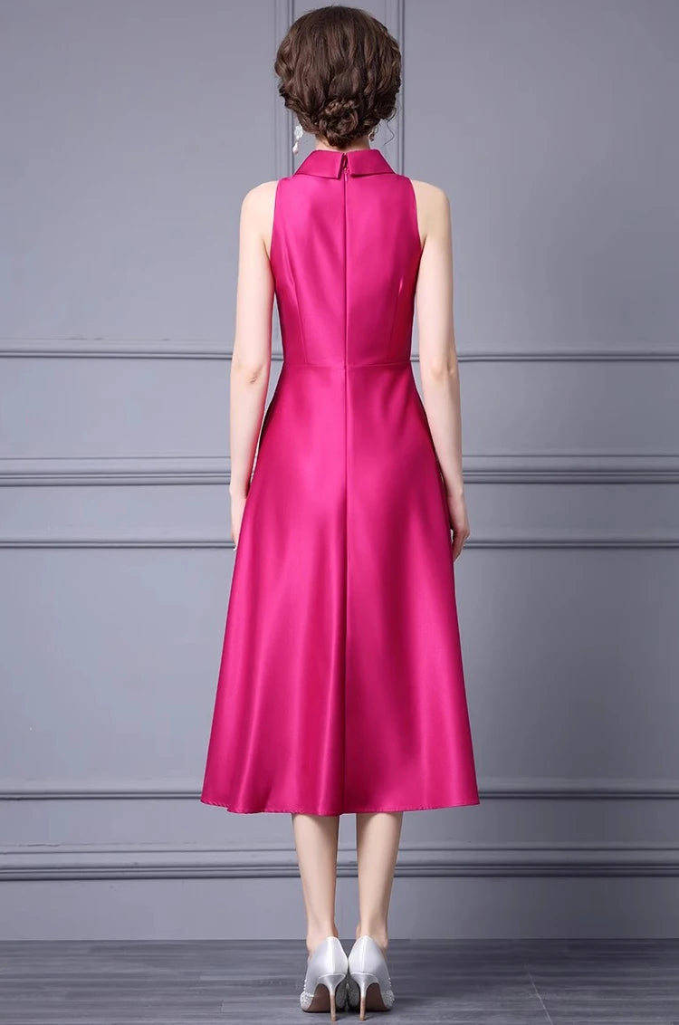 Vanessa Turn-Down Collar Sleeveless Beading Solid Color Commuter Dress