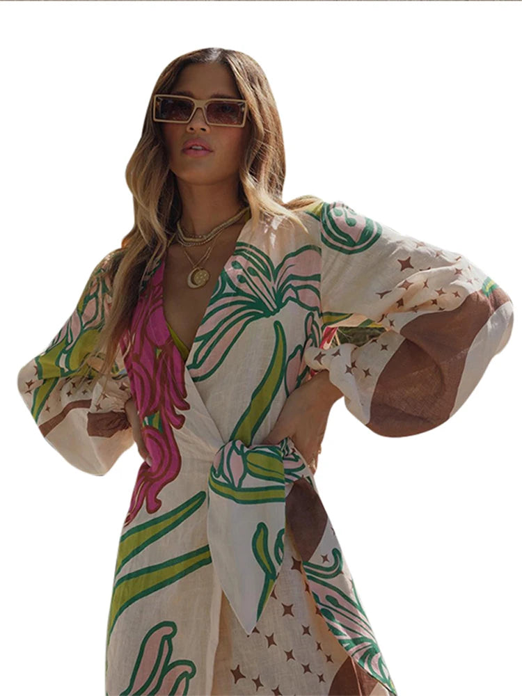 Carina Lace Up Printed Long Sleeve Vacation Long Dress