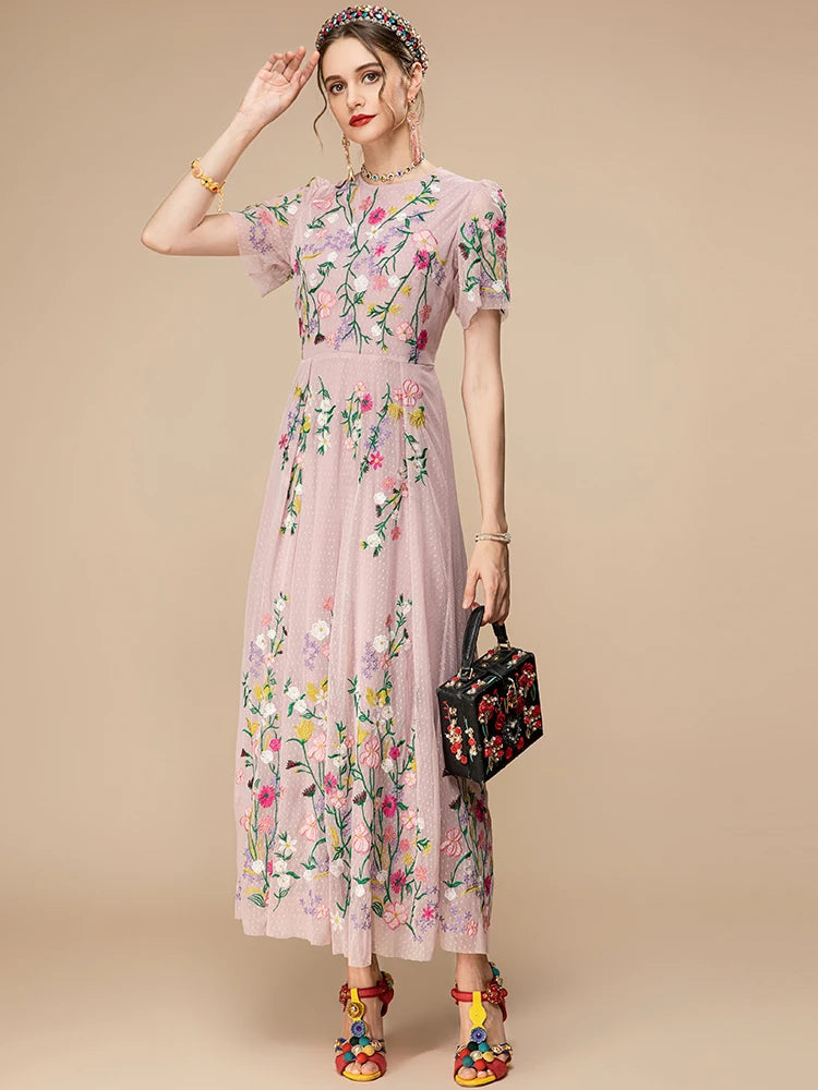 Sylvie Pink Mesh Flowers Embroidery Vintage Party Long Dress