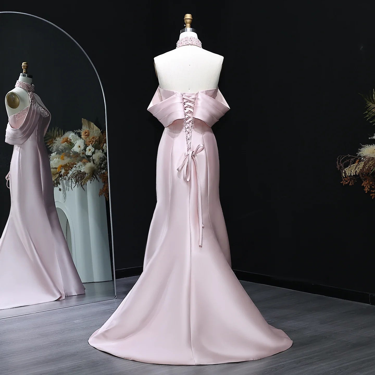 Petunia Pink Off Shoulder Crystal Evening Dress