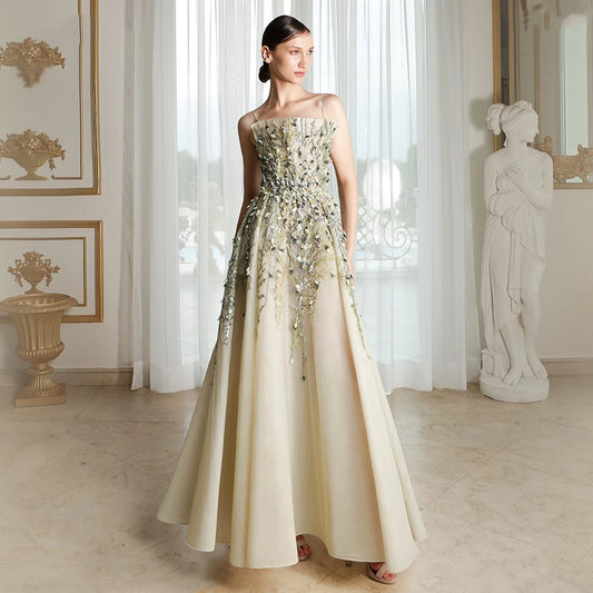 Elegant Beige with 3D Floral Embroidery A-Line  Luxury Dress