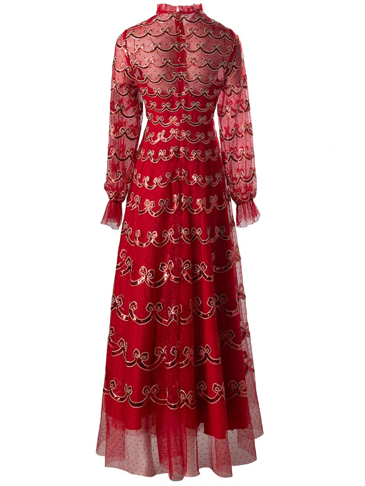 Tilda Long Dress Women's O-Neck Lantern Sleeve Sequins Embroidery Vintage Dress Red / L Tilda Long Dress Women's O-Neck Lantern Sleeve Sequins Embroidery Vintage Dress Red / L