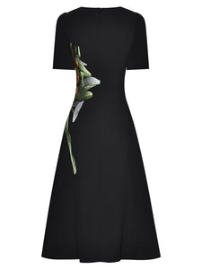 Lulu O-Neck Short Sleeve Flower Embroidery Vintage Midi Dress