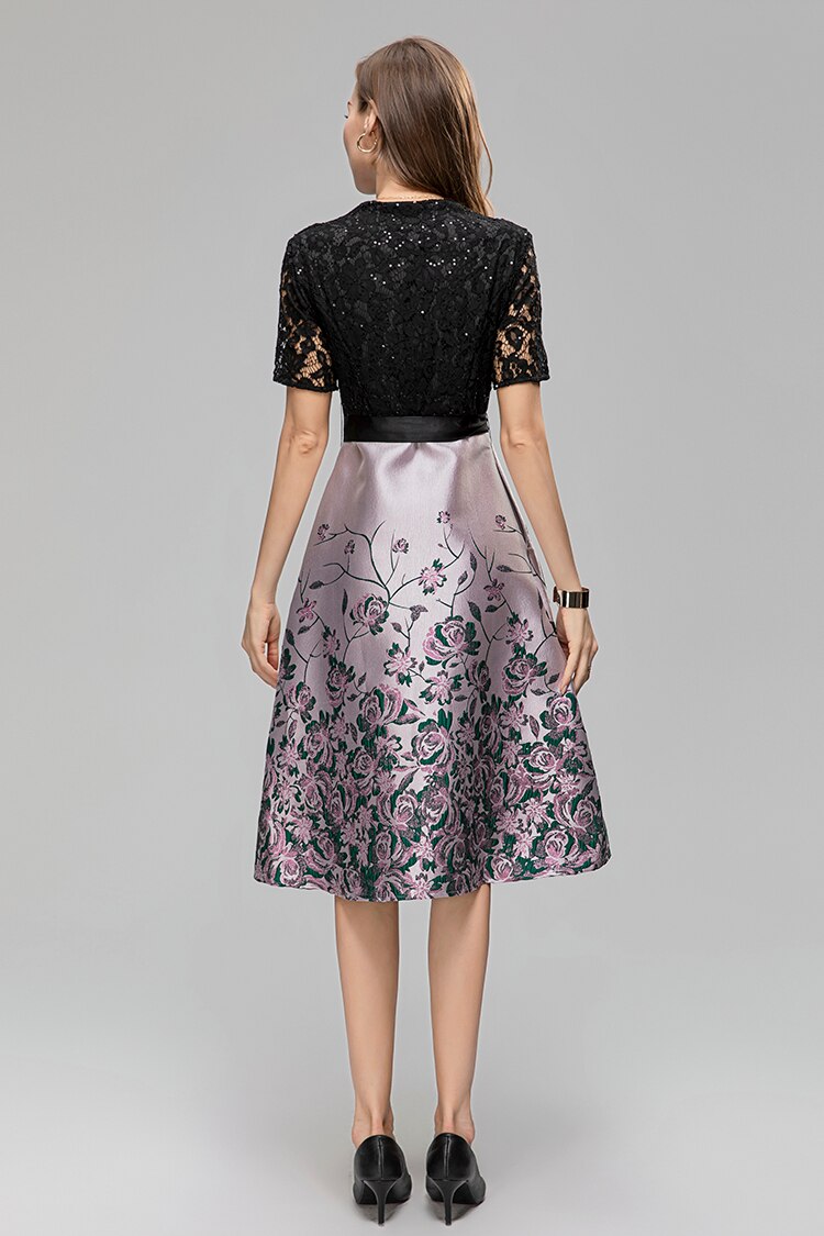 Ava V-Neck Brooch Sequins Lace Embroidery Frenulum Jacquard Midi Dress