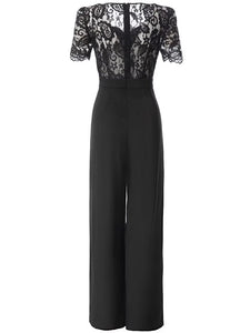 Memphis Square Collar Short Sleeve Lace Hollow Out Button High Street Wide Leg Pant