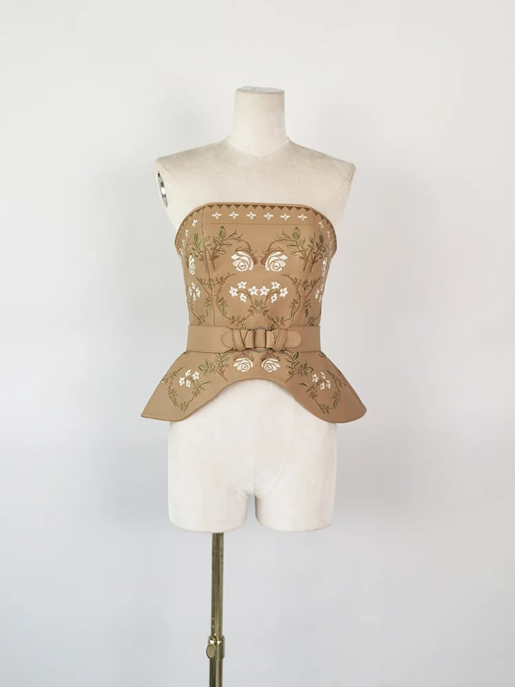 Dora Embroidery Flower Strapless Backless Belt Pu Leather Tops Waist Gauze 2 Pcs Skirt Suit