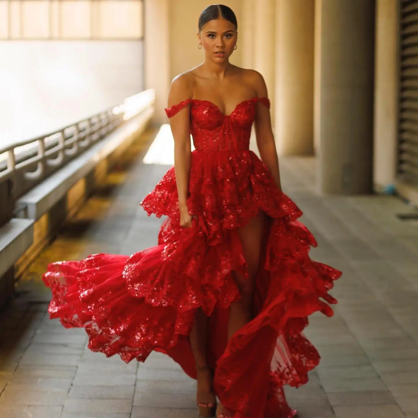 Myla Stunning Gold Tiered Ruffles Corset Sheer Prom Dress