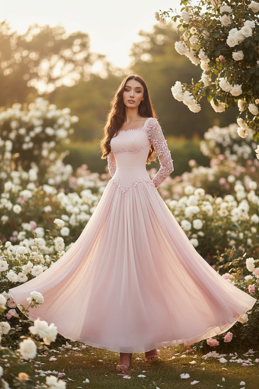 Rainchel Pink Beads Prom Gown O Neck Full Sleeves A Line Evening Dress