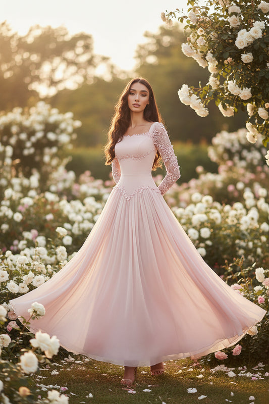 Rainchel Pink Beads Prom Gown O Neck Full Sleeves A Line Evening Dress