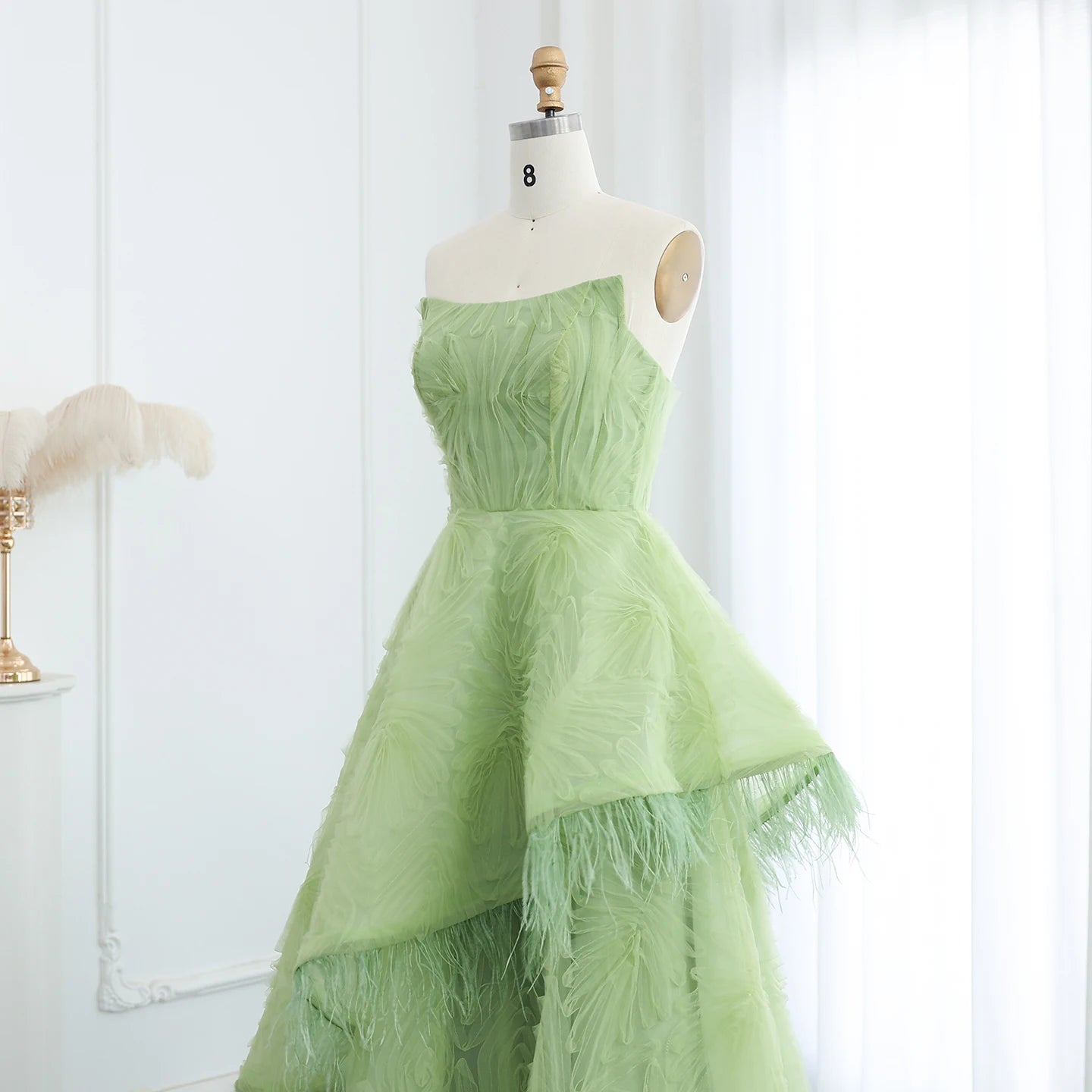 Mina Luxury Feather 3D Floral Lime Green Evening Dress