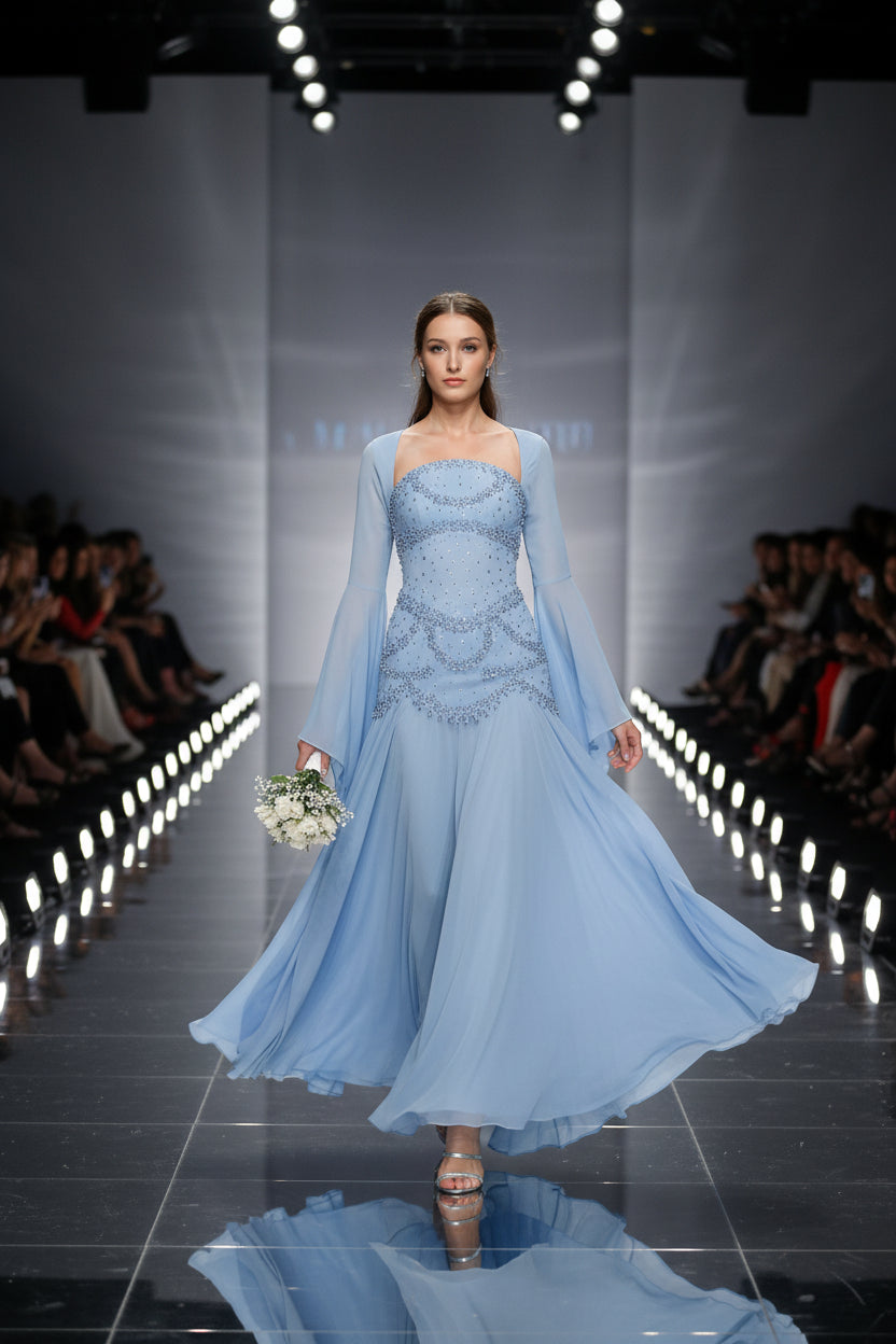 Olla Blue Luxury Beadings Chiffon Prom Dress Square Collar Full Sleeveles Dress