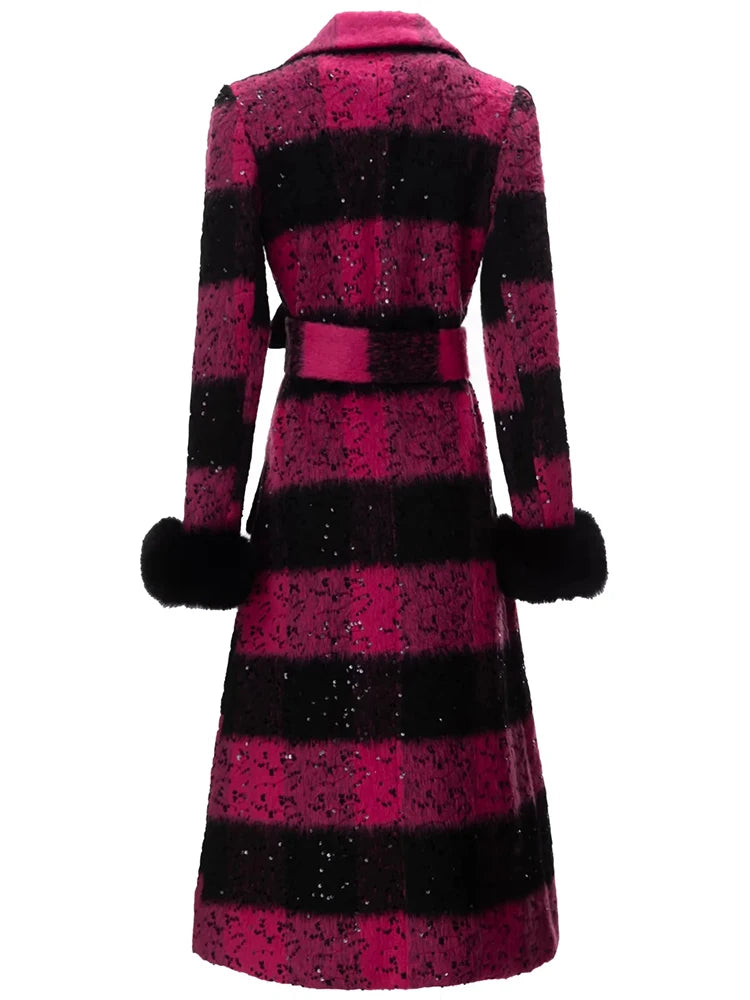 معطف Andi Wool &amp; Blends الترتر للنساء بأكمام طويلة وجيوب وأربطة علوية في الشارع ملابس خارجية بصدر واحد