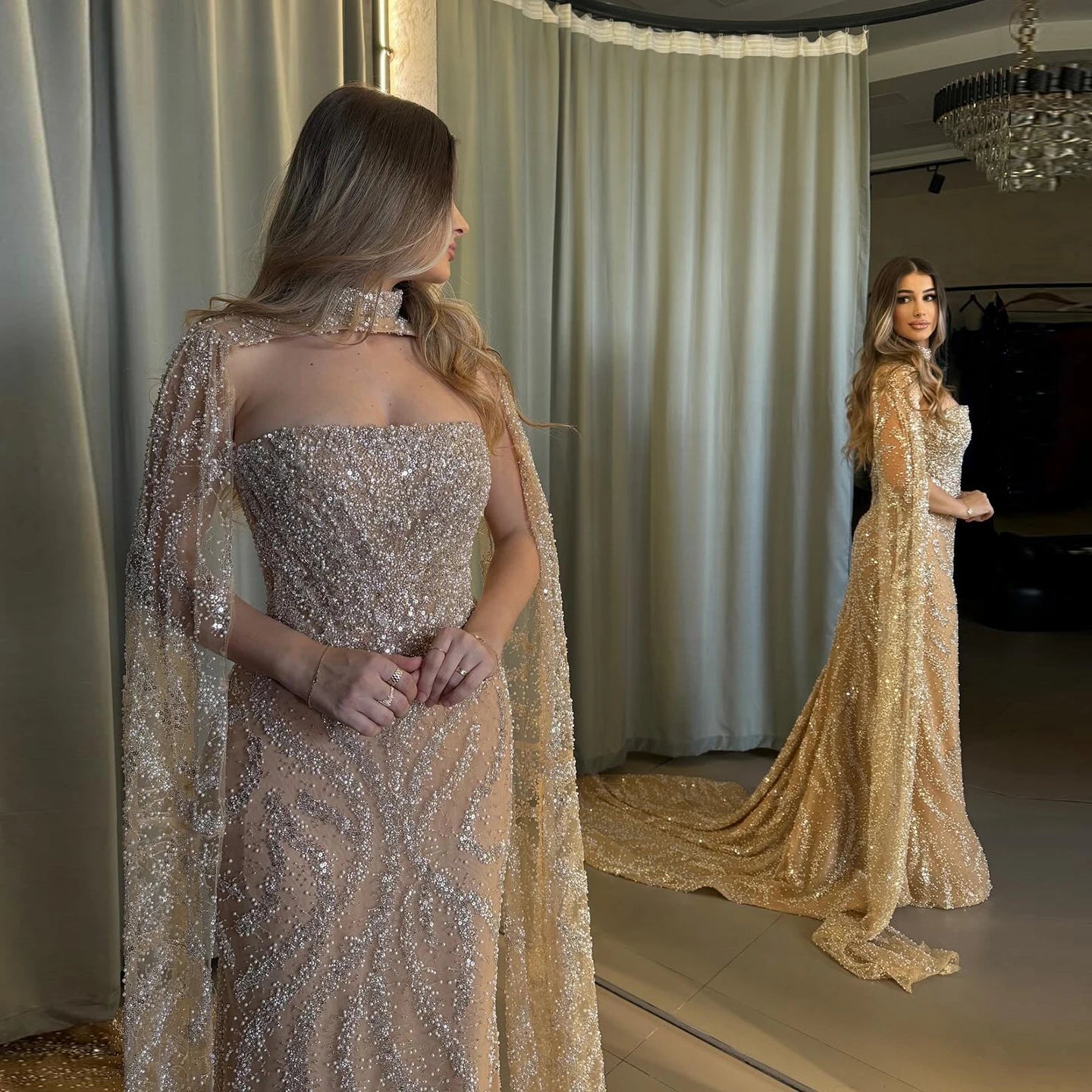 Nelzar Nude Tulle Mermaid Prom Dress with Flowing Sleeves