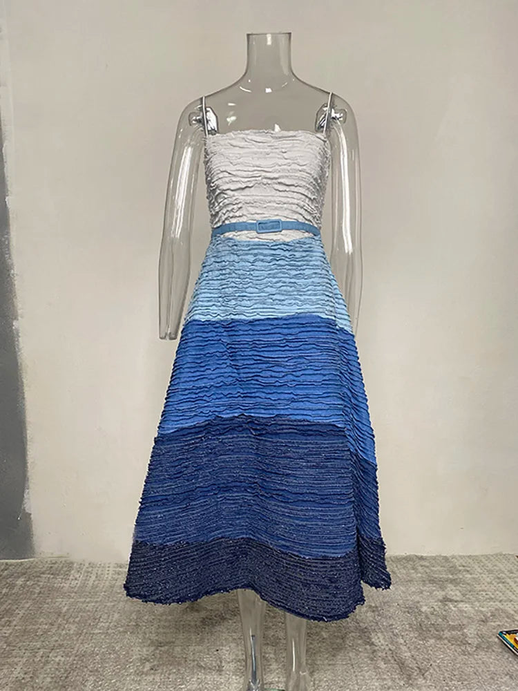 June Luxury Evening Maxi  Denim Gradual Bule Fold Sling Dress