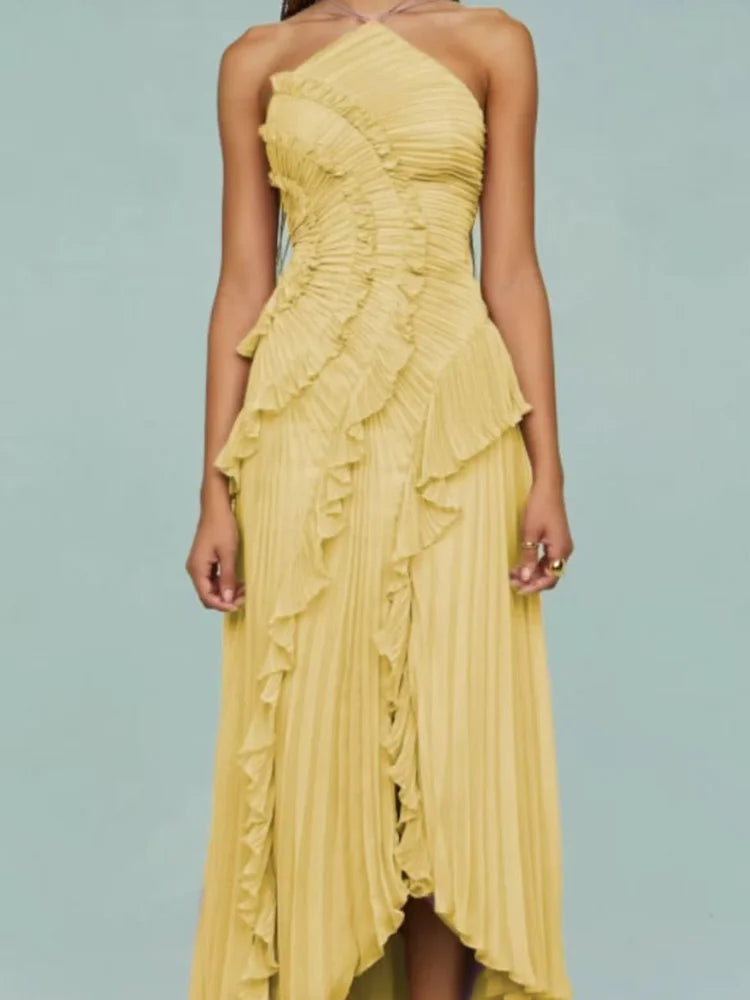 Linda Pleated Halter Neck Long Vacation Dress
