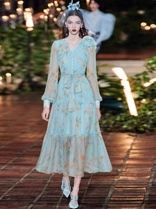 Taiga Early Autumn  Appliques V-Neck Lantern Sleeve Ruffle Lace-up Print Elegant Party Dress