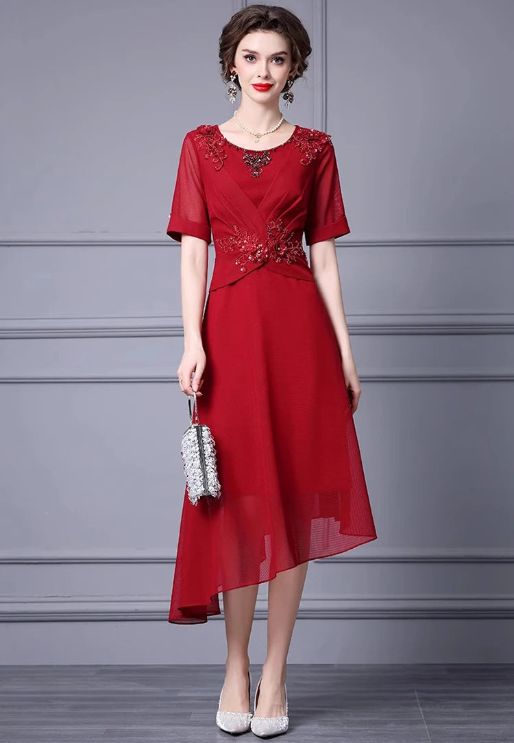 Valerie Crystal Beading Appliques High Street Solid Color Asymmetrical Dress