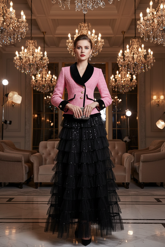 Paislee Single Breasted Jacket + Sequins Mesh Ruffles Long Skirt Office Lady 2 Pieces Set