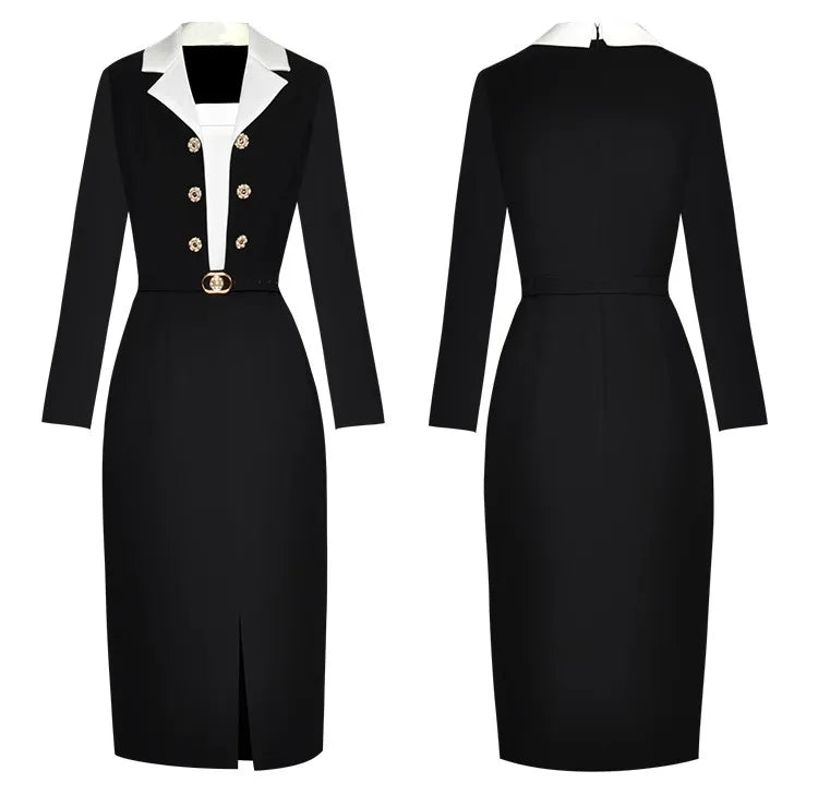 Willow Long Sleeve Contrasting Patchwork Button Belt Office Lady Dress