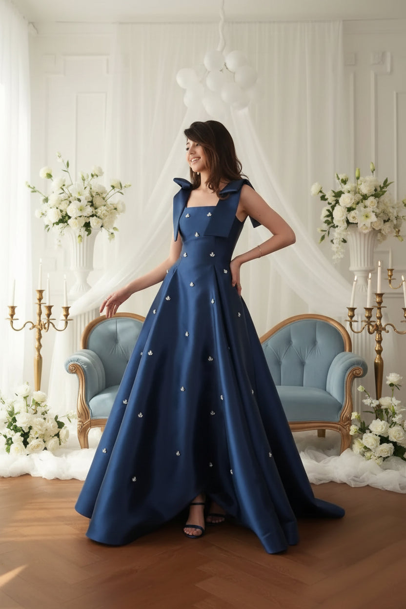 Naomi Blue Beaded Long Bespoke Occasion Gown Evening Dress