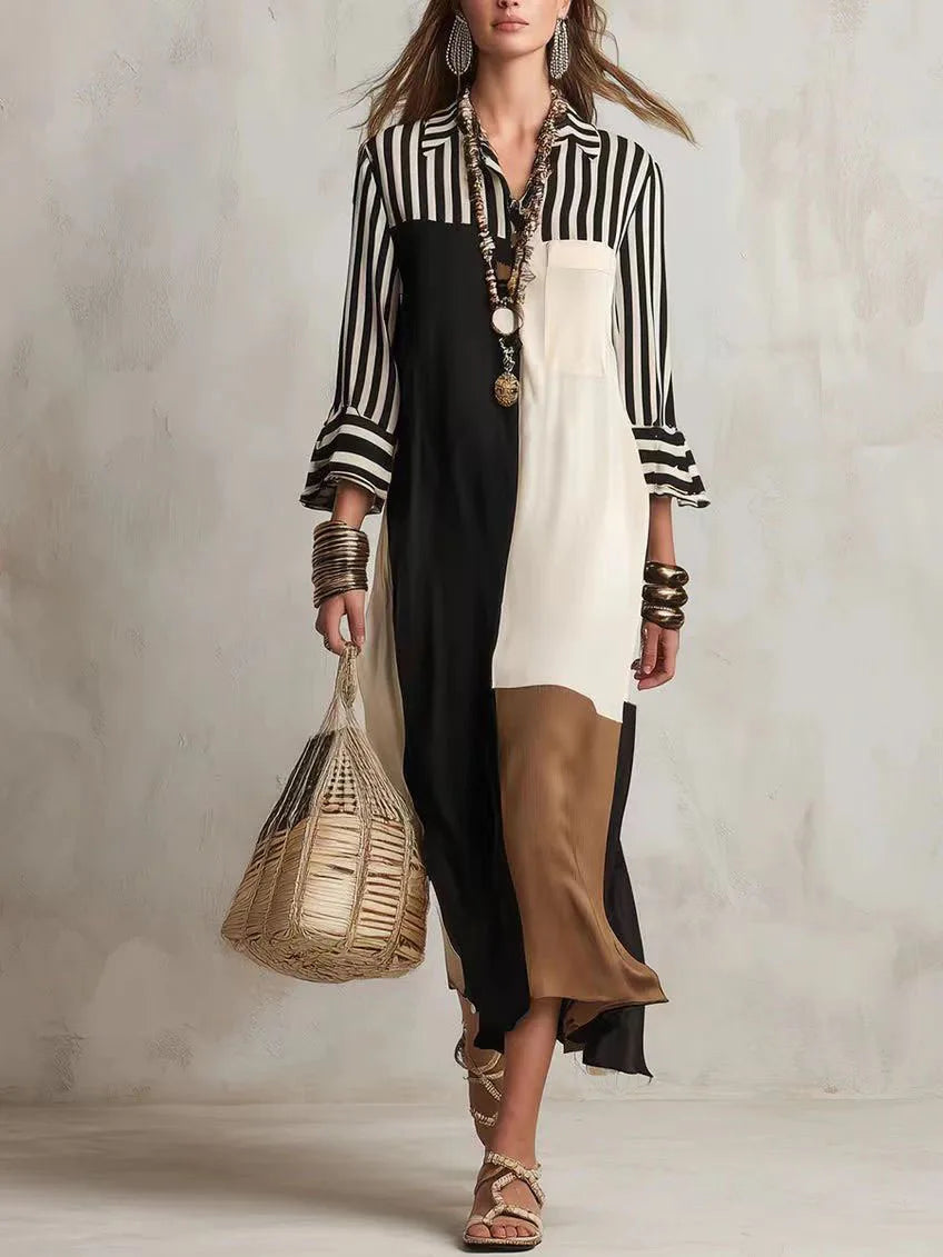Jessa Elegant Striped Patchwork Loose Shirt Dress