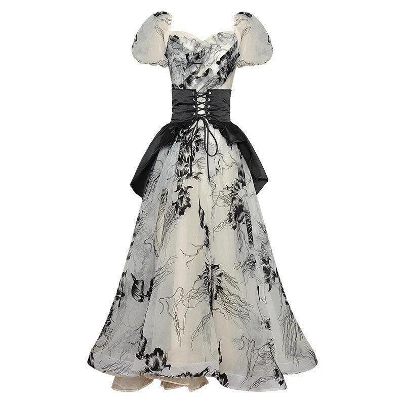 Alice Flower Print Detachable Bandage Ladies Ball Gown Dress