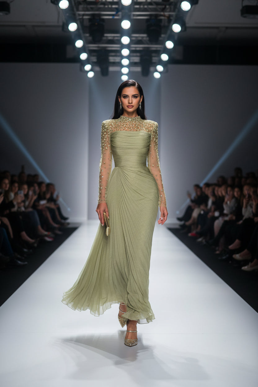 Sarah Mae Formal Evening Gown Scoop Neck Beading Luxury Long Sleeve Evening Dress